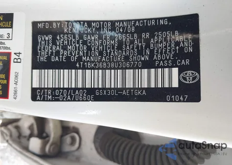 2008 Toyota Avalon Xls z USA, uszkodzony, nr VIN 4T1BK36B38U306770